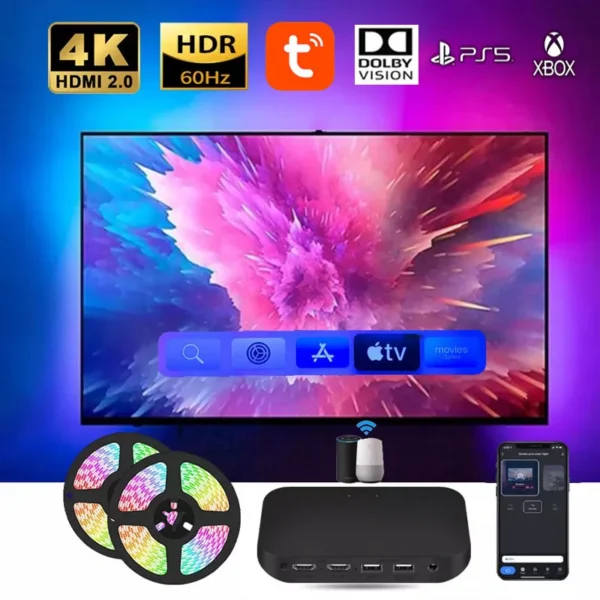 Akıllı TV LED Arka Aydınlatma: 4K HDMI 2.0 Cihaz Senkronizasyon Kutusu için LED Şerit Işıklar Kiti, Wifi Alexa ve Google Asistan Kontrolü